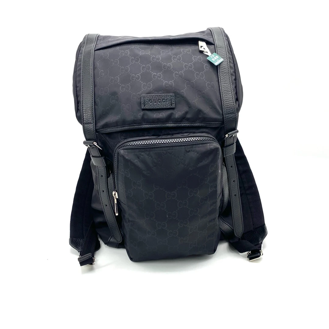 95新 GUCCI/古驰 黑色尼龙帆布双肩包 尺寸26/38