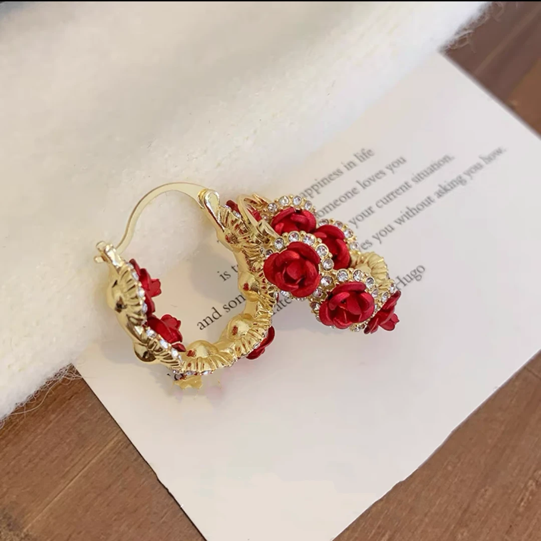 合金合成锆石耳饰 （1175）小众轻奢红色玫瑰花耳环