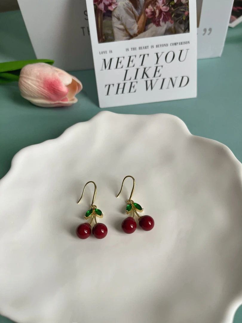 铜合金树脂耳饰 （1043）红色绿叶樱桃耳环