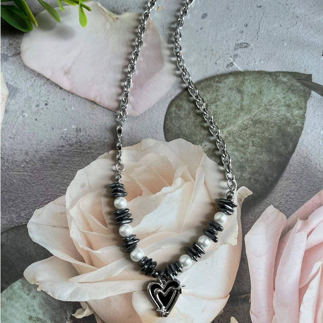 钛钢项链 （2069）设计感串珠双爱心项链--长53