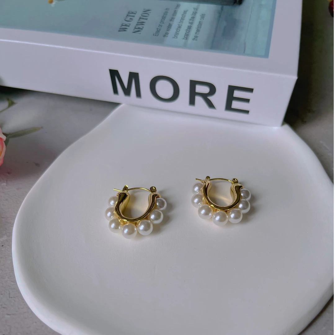 钛钢仿珍珠耳饰 （1027）U形白色贝珠耳环