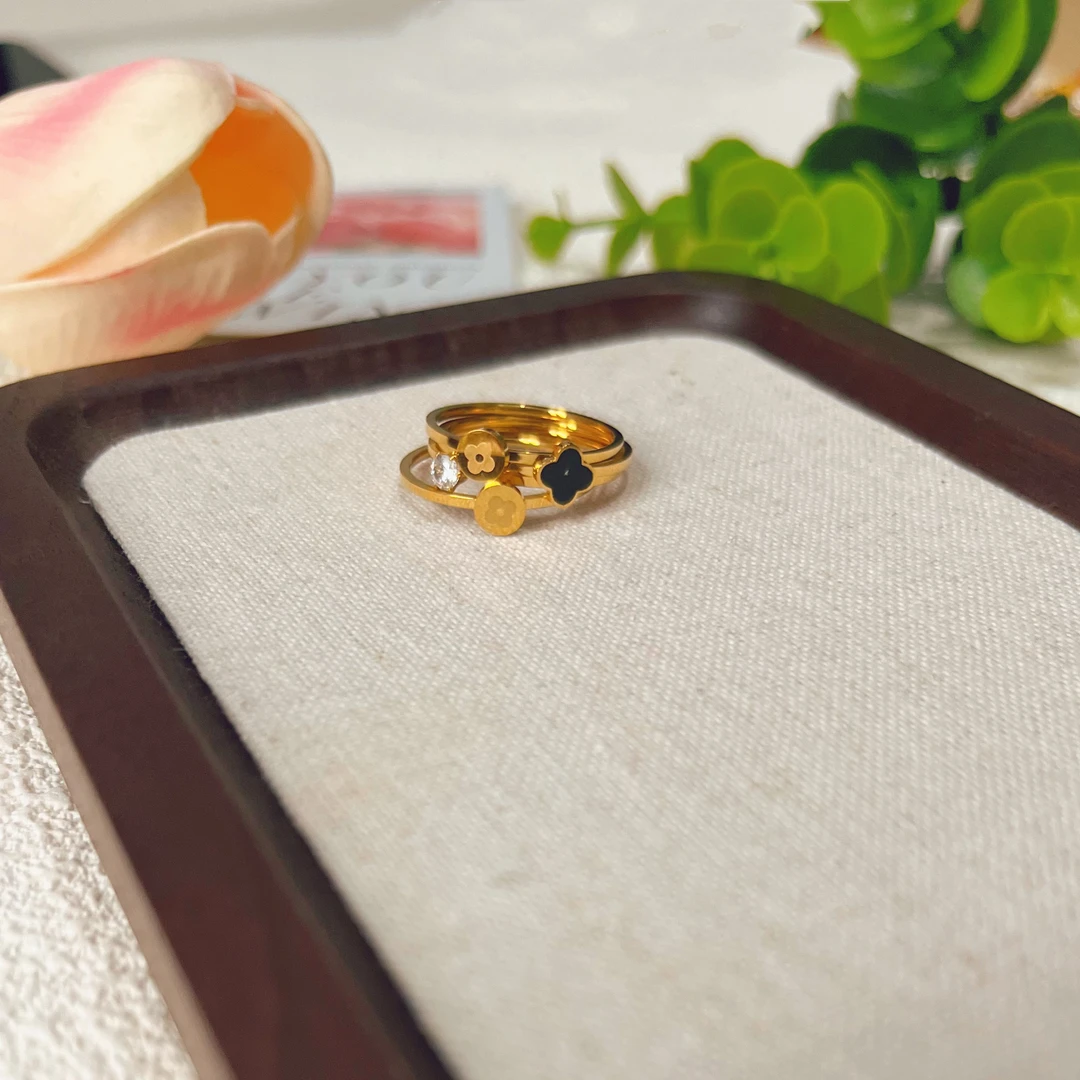 钛钢珐琅戒指 4082-4084经典高级百搭花朵组合戒指