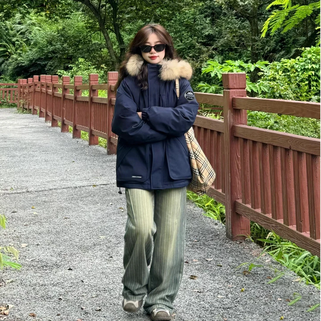 韩系大毛领藏蓝色派克工装棉服女冬季2025新款女款小个子情侣棉服