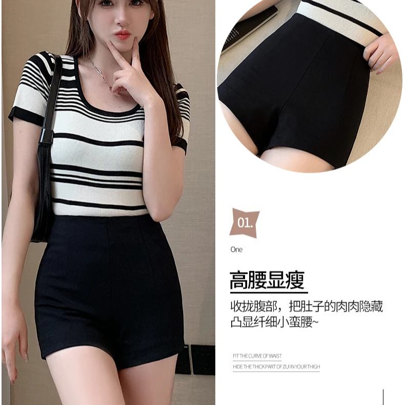 黑色显瘦短裤F-30款 女新款高腰百搭时尚辣妹子三分直筒裤31334