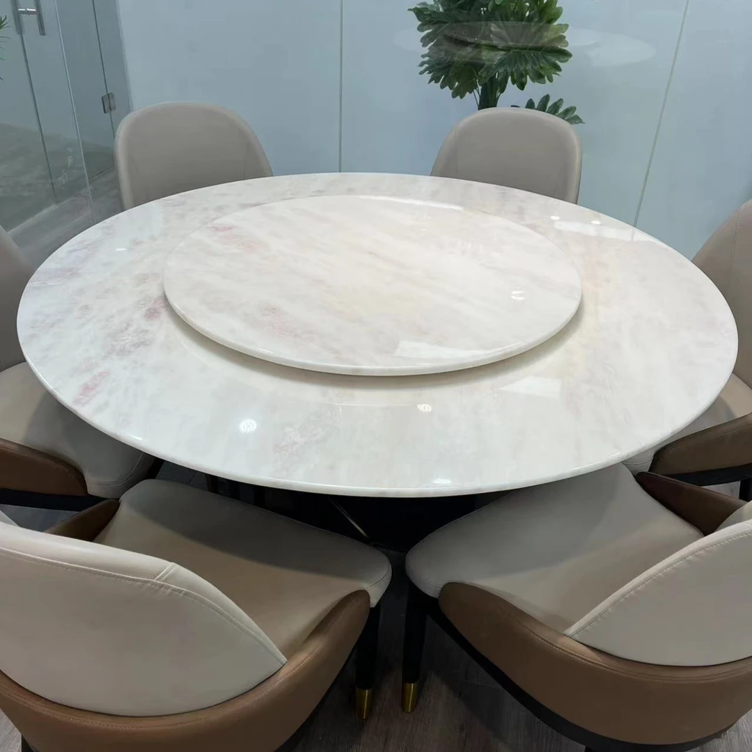 粉钻芬迪白天然大理石奢石圆桌轻奢简约餐厅家用带转盘旋转餐桌
