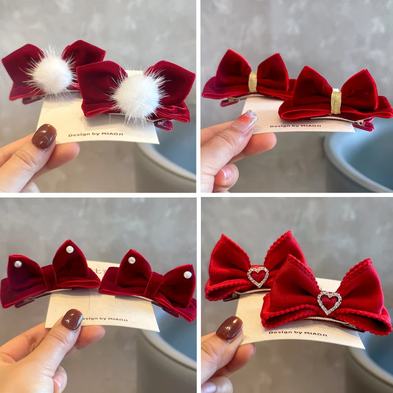新款酒红色丝绒儿童发饰水貂毛球立体对夹女童发夹网红女童皮筋
