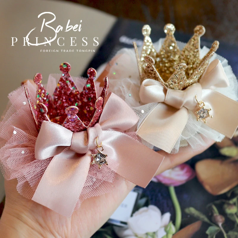 跨境儿童发饰 韩版生日立体皇冠女童边夹小公主头饰品网纱蝴蝶结