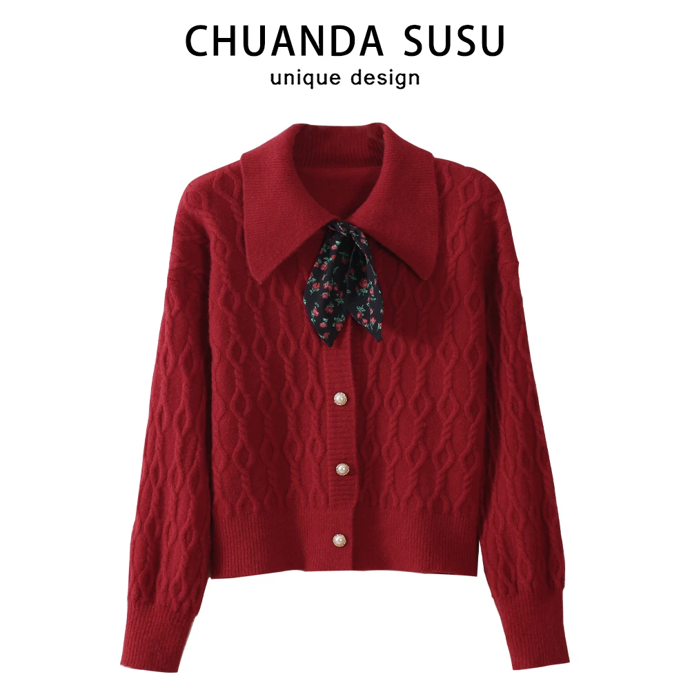 过新年红色圣诞娃娃领毛衣女2025秋冬新款polo领短款针织开衫外套