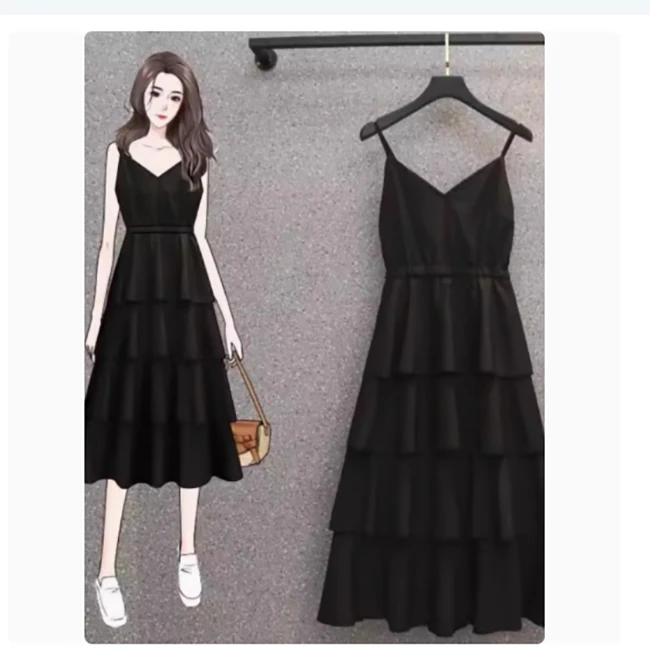 黑色吊带长裙2025春季新款大码女胖mm气质收腰遮肚打底连衣裙外穿