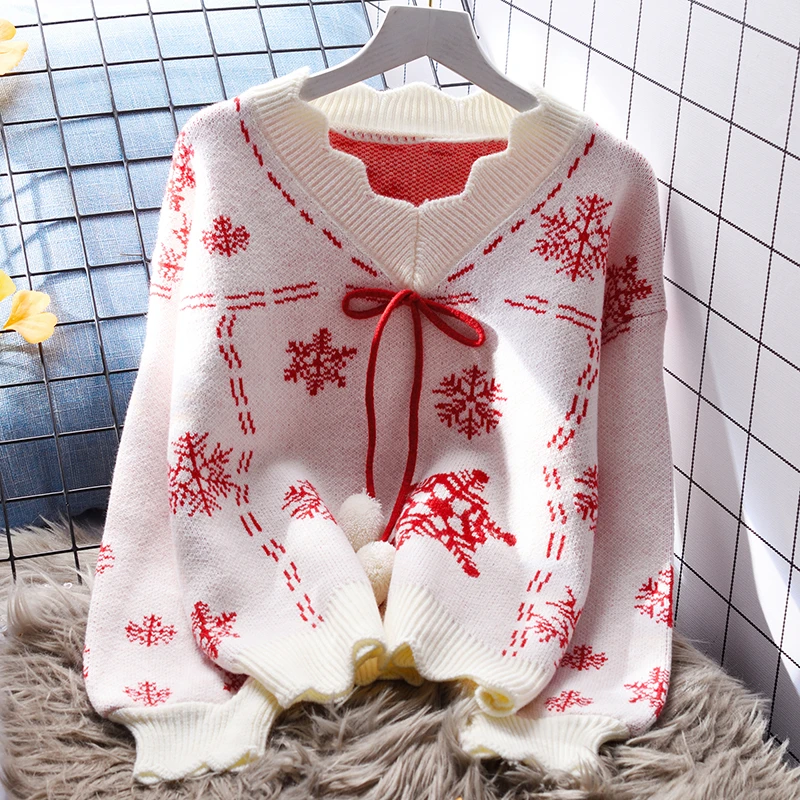 圣诞短款v领毛衣女宽松慵懒风秋冬2023新款日系洋气软糯针织上衣
