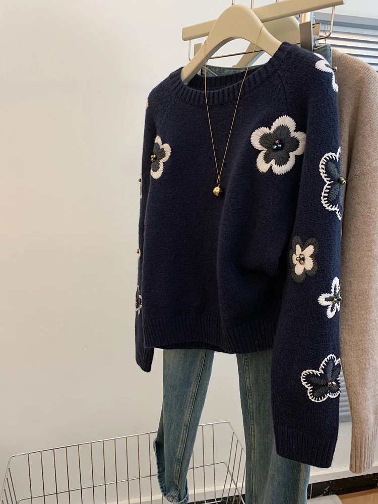 小香风藏青色圆领宽松套头毛衣卫衣女小个子加厚可外穿内搭设计感