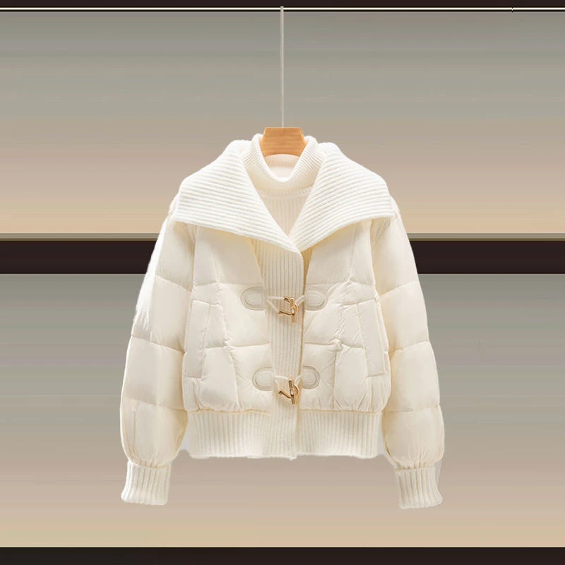 冬季大码女装2025新款时尚百搭减龄保暖翻领洋气针织拼接棉服外套