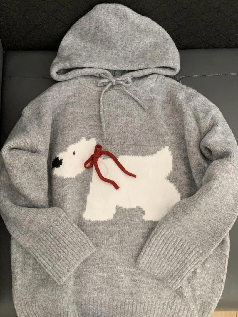 灰色小狗连帽套头针织毛衣女冬季加厚秋冬新款小个子内搭卫衣外套