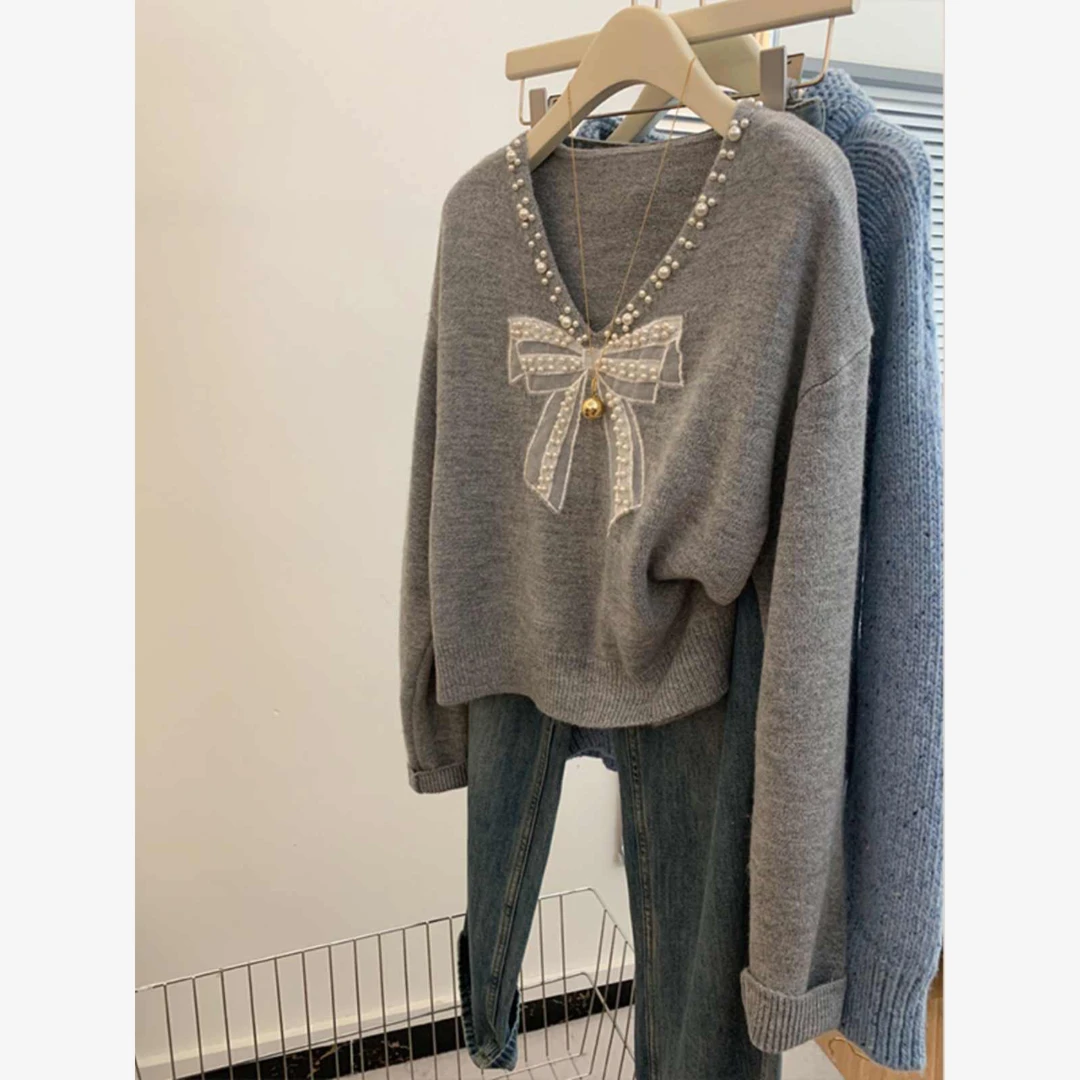 蝴蝶结v领气质短款针织衫毛衣女小个子可外穿打底内搭设计感小众