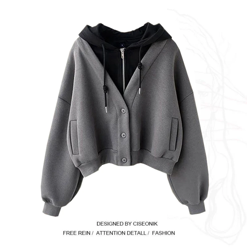 网红短款连帽卫衣女2025秋冬新款拼接假两件宽松百搭休闲开衫外套