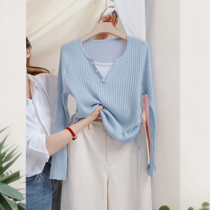 假两件针织衫女早春新款侧面抽绳洋气漂亮毛衣修身显瘦打底衫上衣