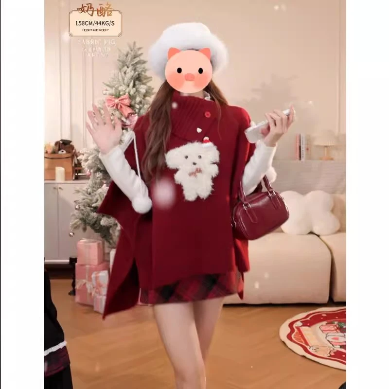 圣诞穿搭红色可爱小狗提花斗篷上衣女秋冬季高级感显瘦软糯针织衫