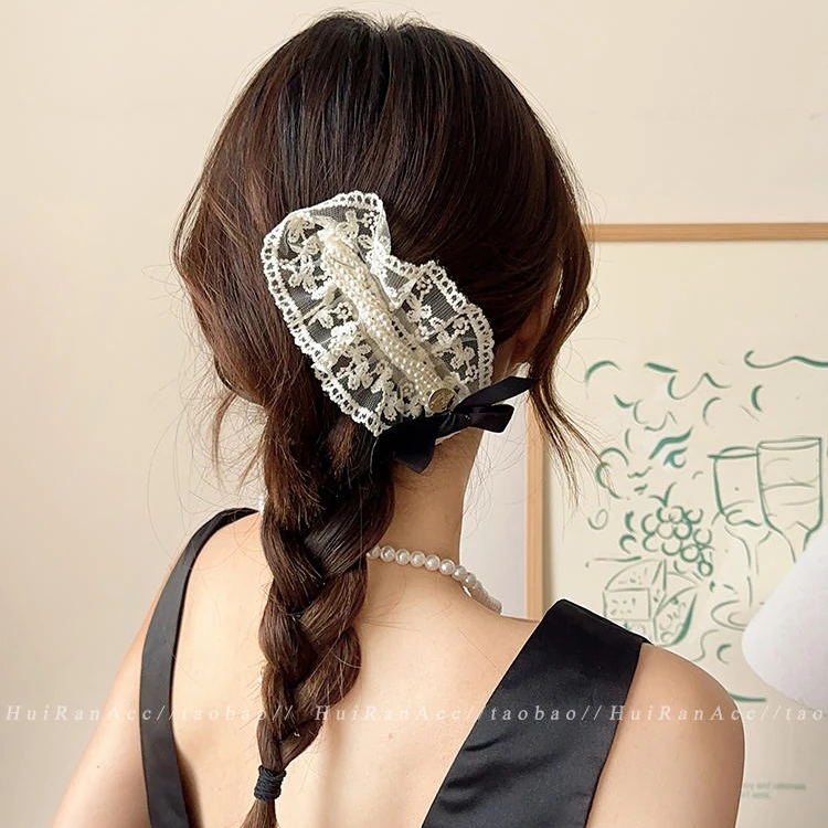 首闻蕾丝蝴蝶结鸭嘴夹女2024新款高端头饰网红气质百搭珍珠发饰