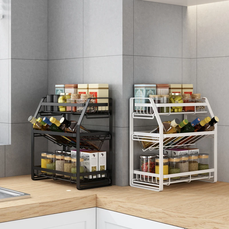 壁挂置物架调料架厨房家用落地三层调味品收纳置物架调味料黑色