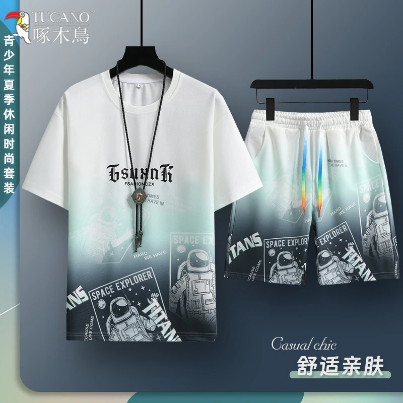 TUCANO/啄木鳥男士夏季套装休闲运动冰丝短袖短裤帅气潮流两件套