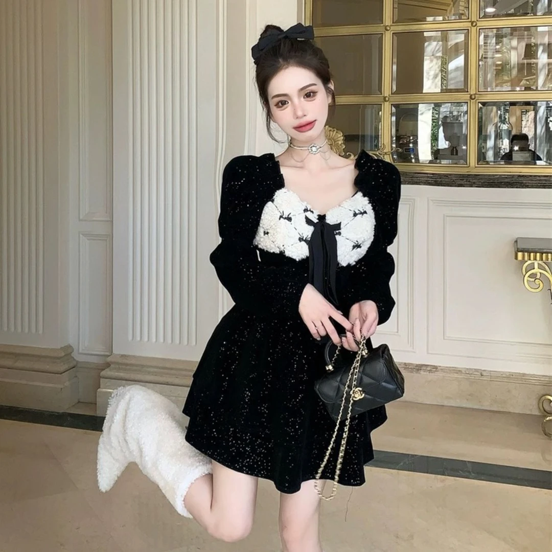 富家千金高级感小黑裙法式气质纯欲风收腰丝绒蛋糕蓬蓬连衣裙秋冬