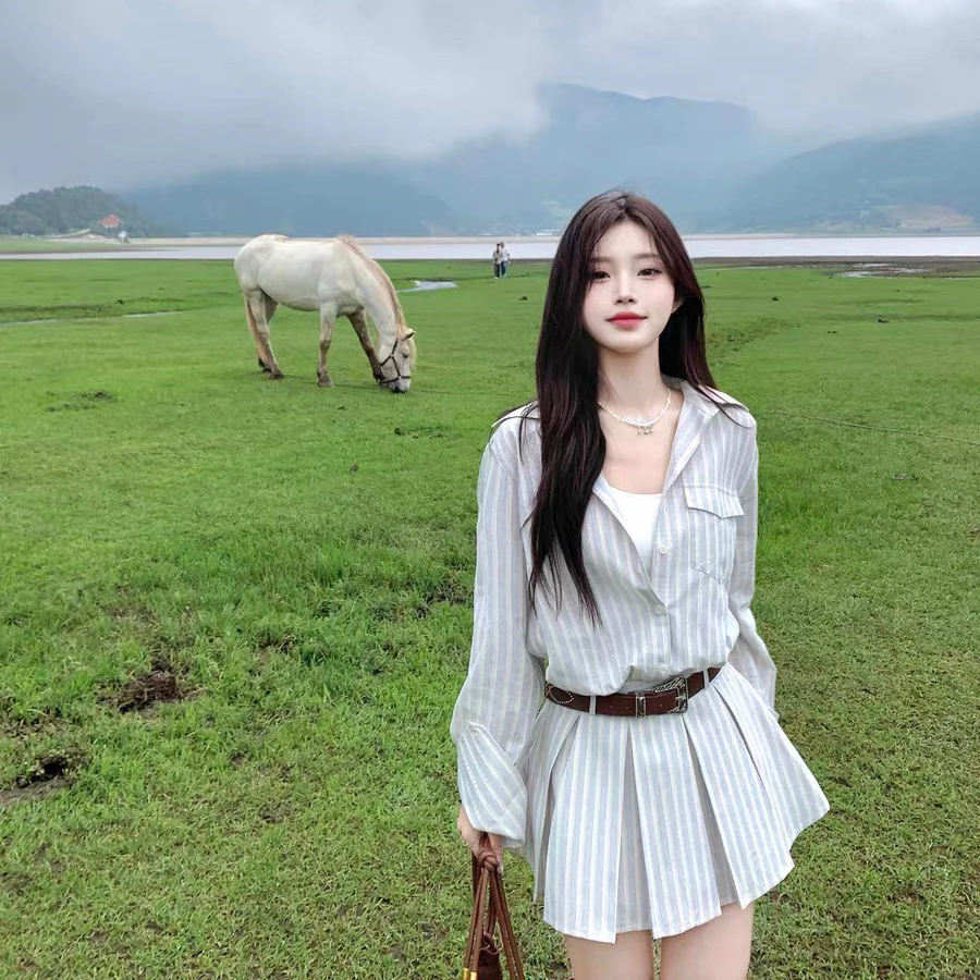 小个子学院风长袖衬衫连衣裙初春季女装2025新款韩系穿搭百褶短裙