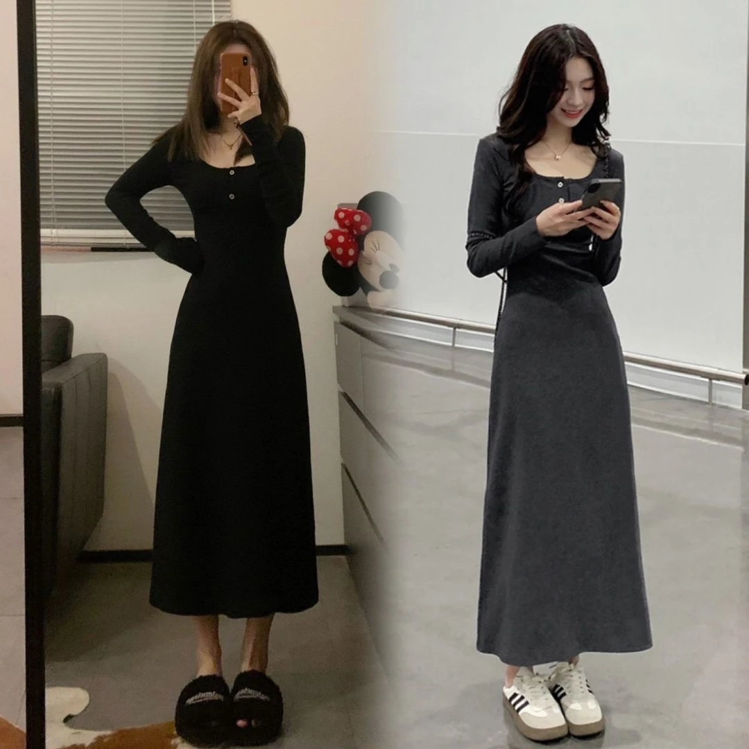 法式高级感方领小个子连衣裙女秋冬气质收腰显瘦长裙2023新款女装