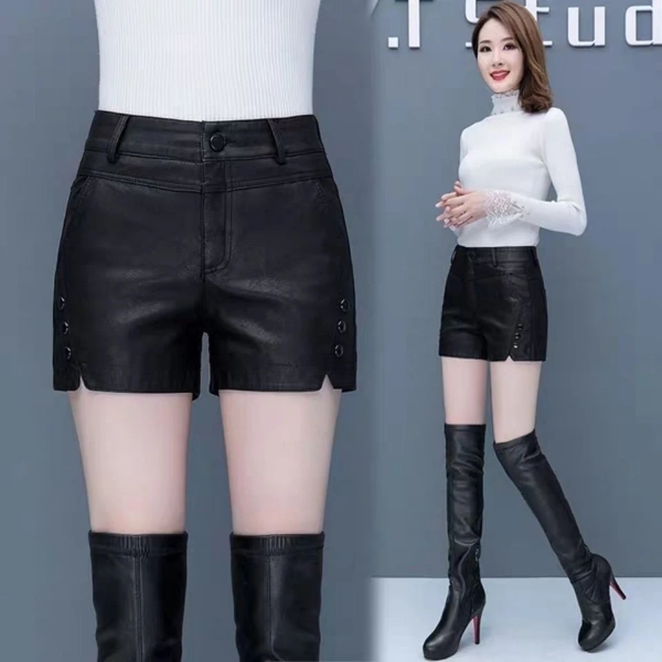 2023PU皮短裤女秋冬季2023新款高腰百搭时尚阔腿加绒皮裤大码靴裤