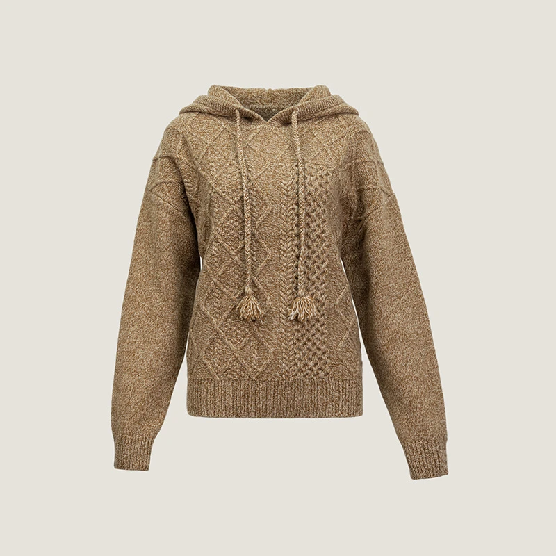 THE EASE【暖冬记忆】秋冬全羊毛绞花女士连帽针织帽衫/YM25294