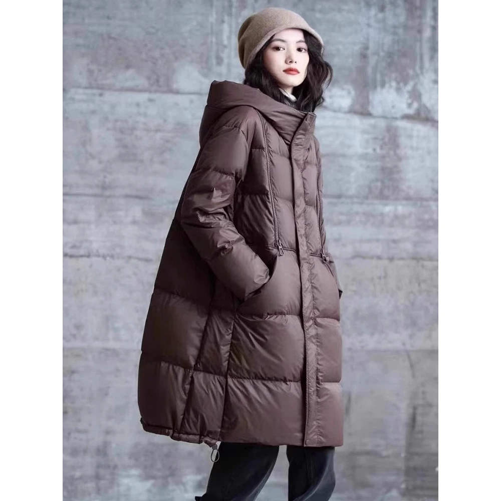 正品中长款羽绒服女冬季加厚2025新款时尚洋气白鸭绒连帽面包外套