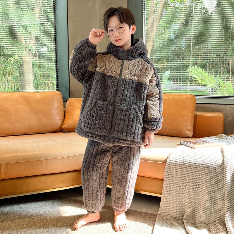男童加厚家居服套装冬季新款中大童拼色保暖上衣裤子两件套23566