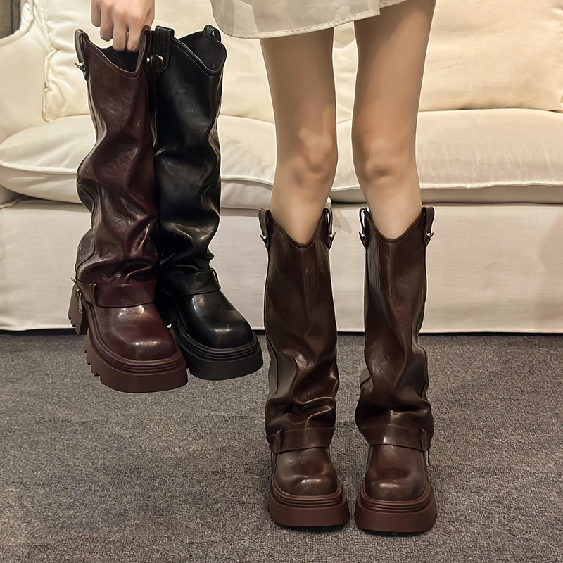 【万达撤柜】棕色英伦风粗跟厚底长筒靴女2024新款秋冬复古马丁靴子