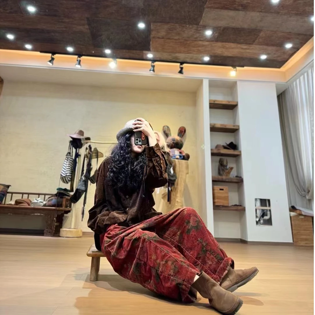 忆古朴拙231016-1 复古条坑纹棉质休闲裤百搭印花款