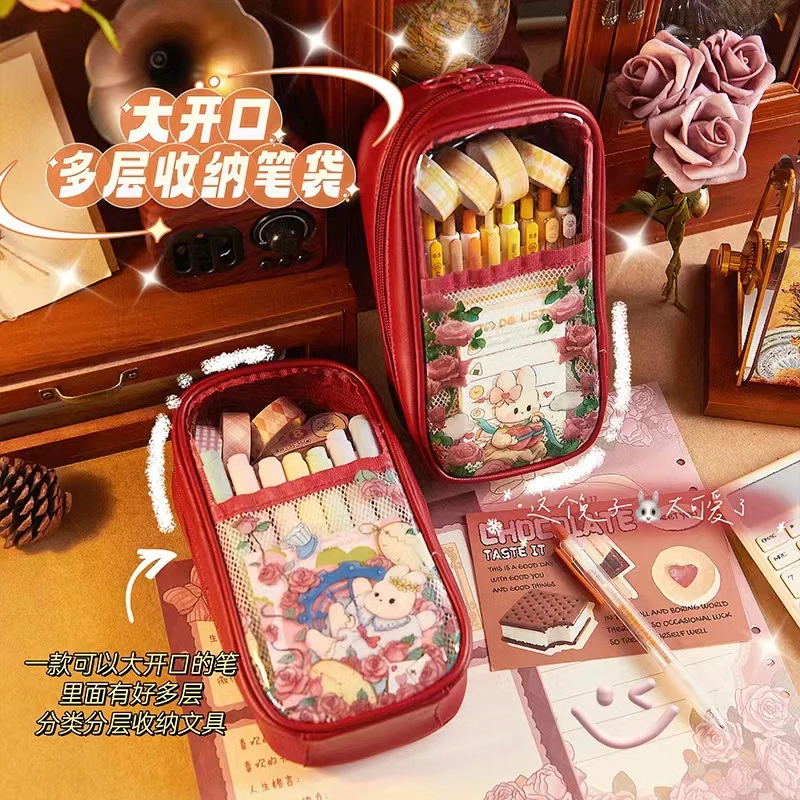 大容量笔袋多层透明笔袋四层笔袋ins日系大开口学生文具铅笔盒pvc
