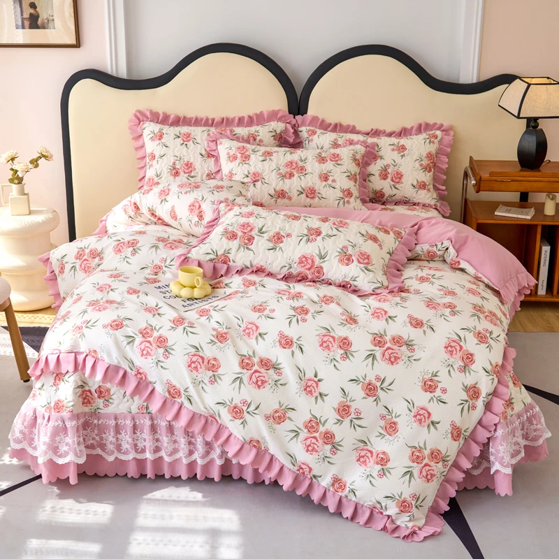 玫瑰庄园 四季可用新款夹棉泡泡纱床盖四件套￡清新可机洗可水洗