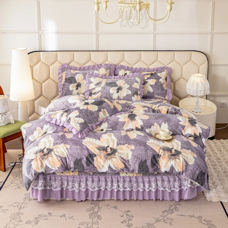 秘境花园  牛奶绒床盖四件套双层蕾丝防静电不掉毛加厚保暖9斤±