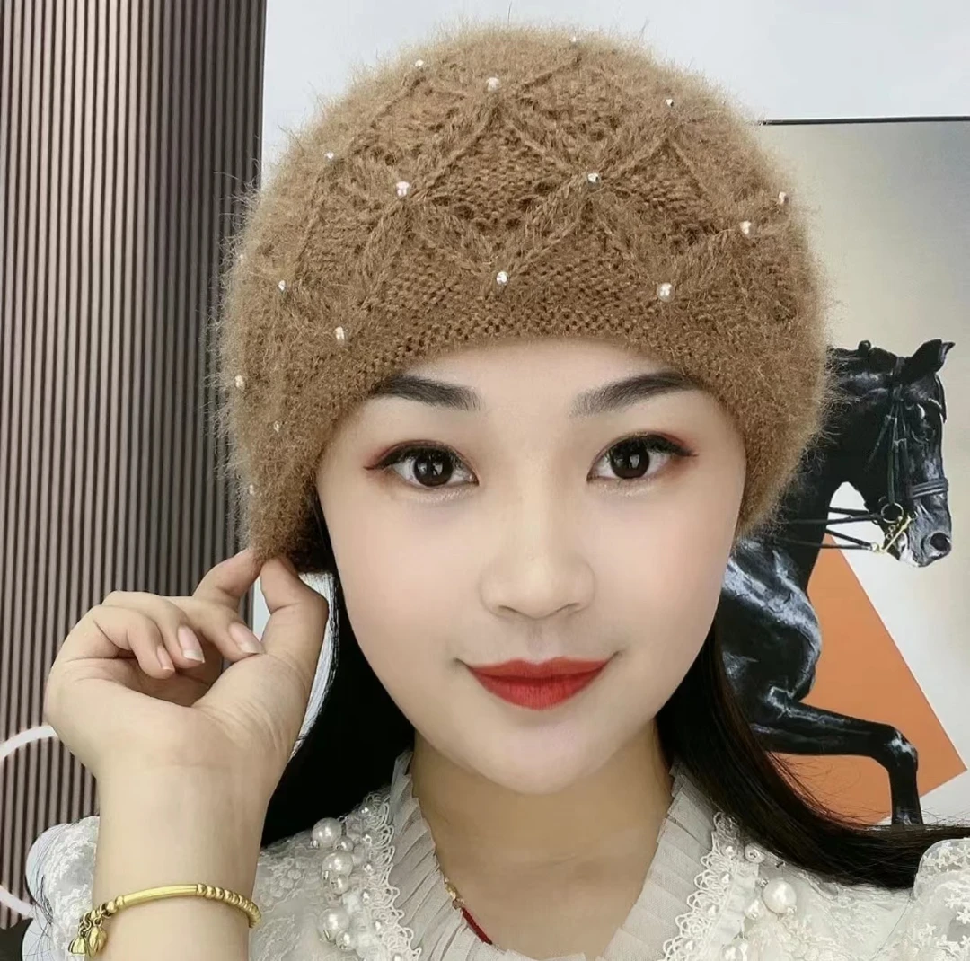 双层保暖针织帽时尚珍珠护耳包头帽中老年堆堆帽妈妈冬季帽子女