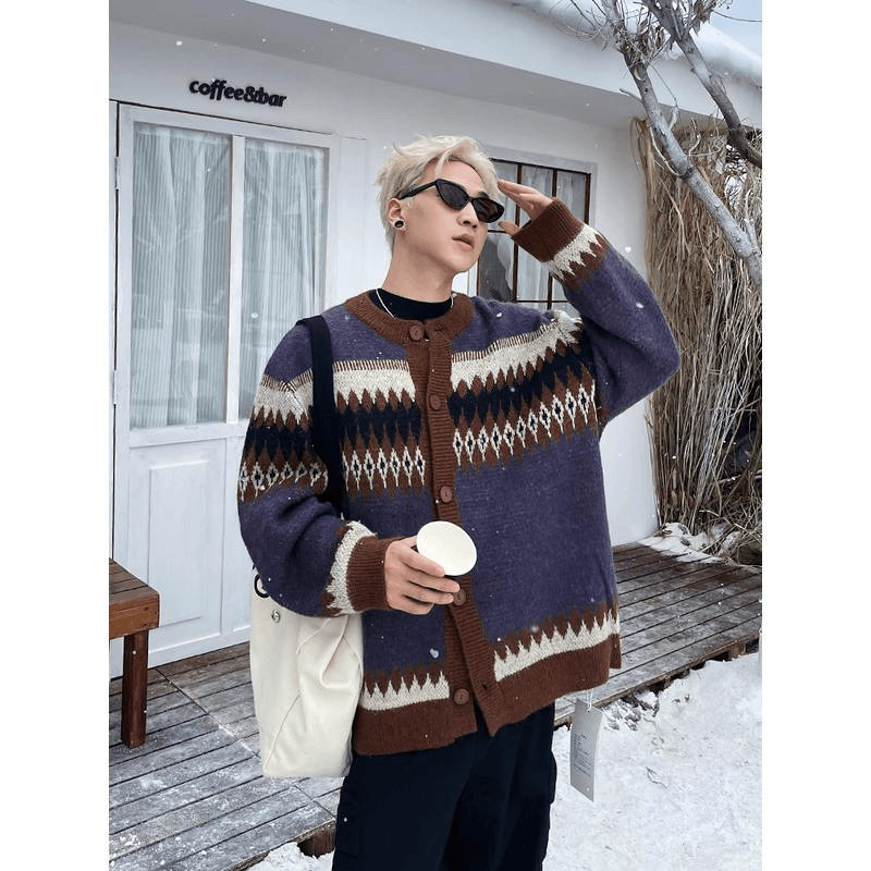 cityboy秋冬拼色宽松休闲菱格撞色针织开衫男设计感高级痞帅毛衣