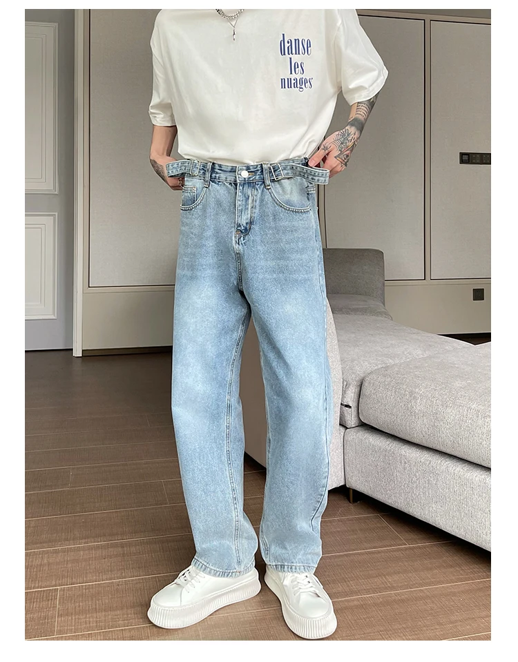 cityboy显瘦浅蓝色系带设计牛仔裤男韩版宽松直筒休闲百搭长裤潮