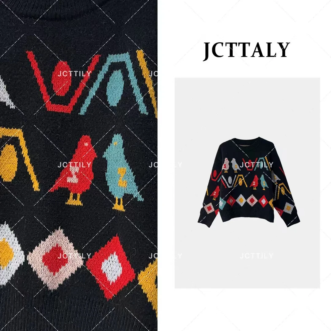 COCO新款宽松洋气菱格卡通图案套头针织毛衣JC-A2802网红