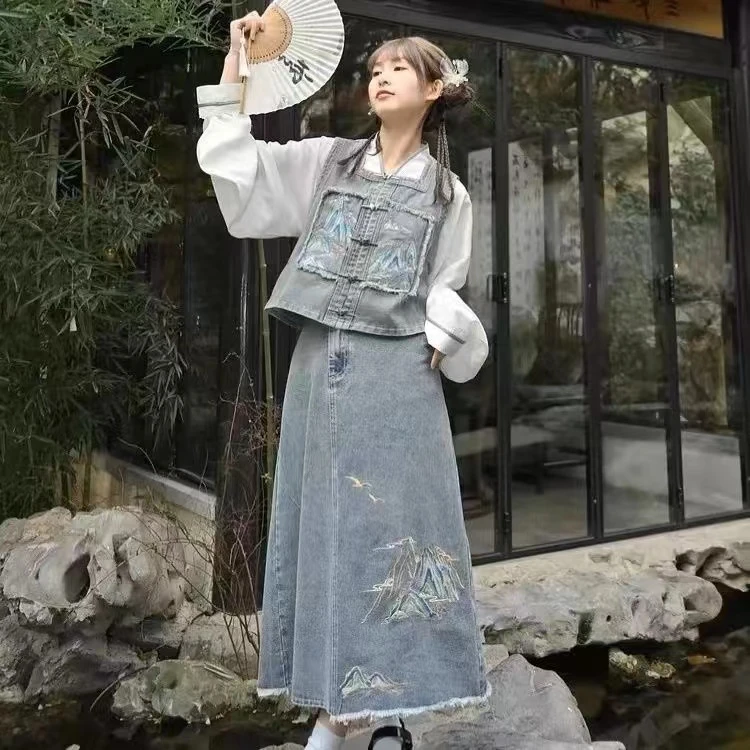 新中式千里江山国风牛仔马甲改良汉服两件套女裙子刺绣设计毛边潮