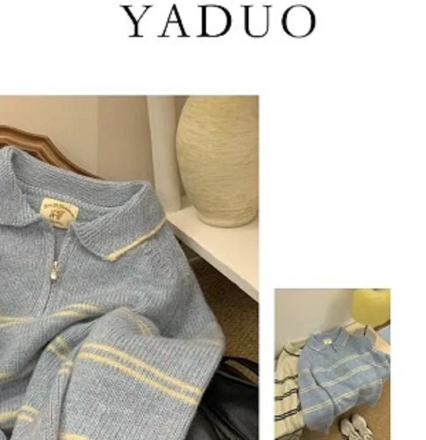 【娅朵】egg韩系POLO领条纹半拉链保暖毛衣100%浣熊