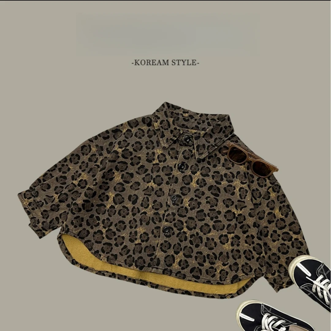 1249时尚潮流百搭洋气流行春秋男女童豹纹牛仔外套