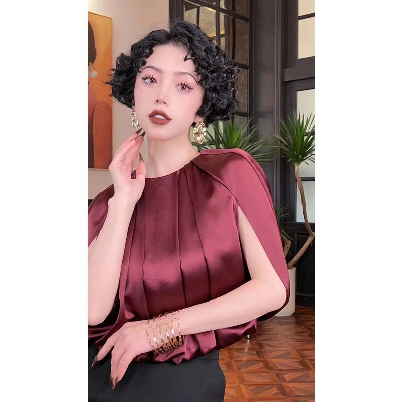 LYXJ【勃艮第红酒】高端定制缎面斗篷上衣10351