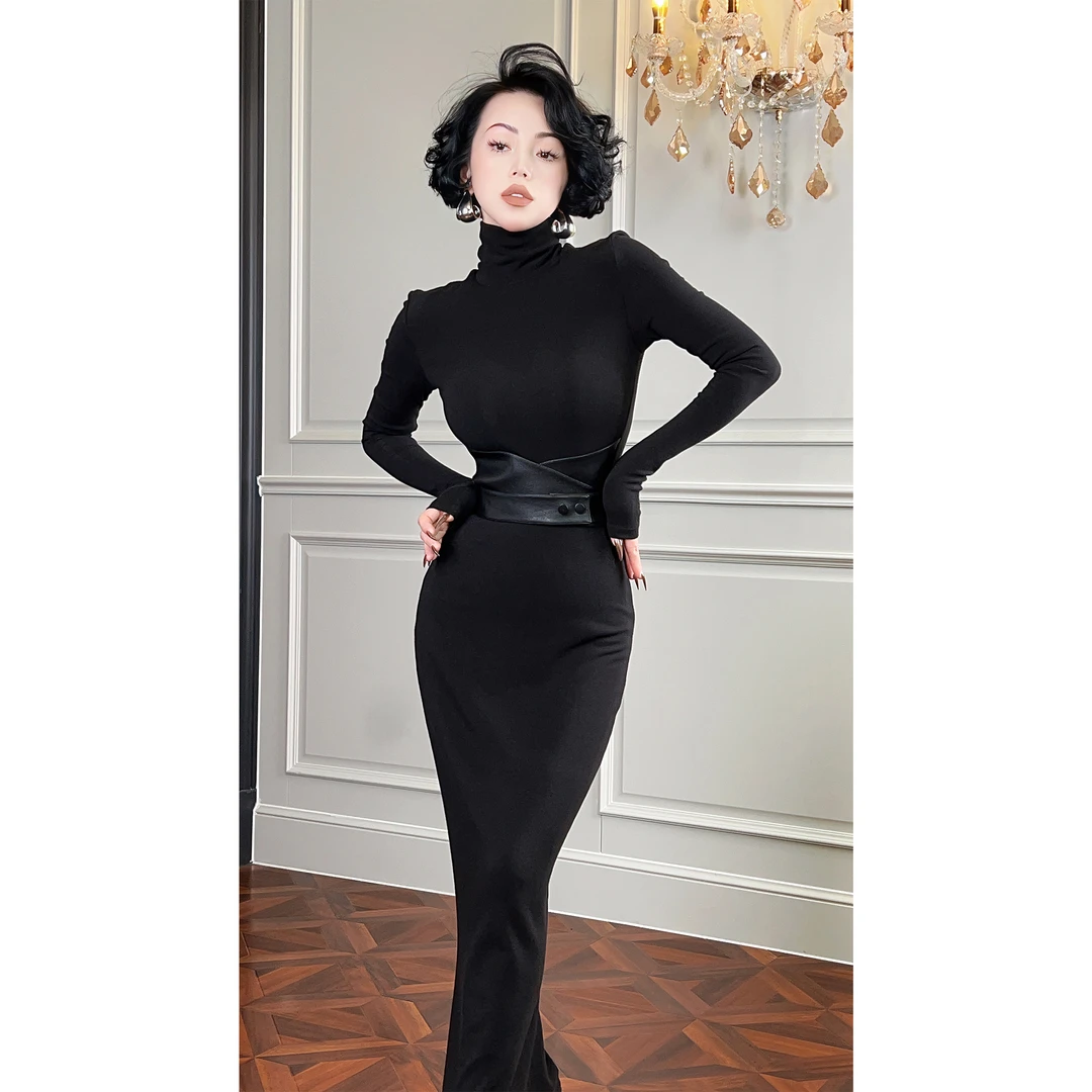 LYXJ【西部卡萨诺】高弹束腰长袖优雅时尚设计师连衣裙10537