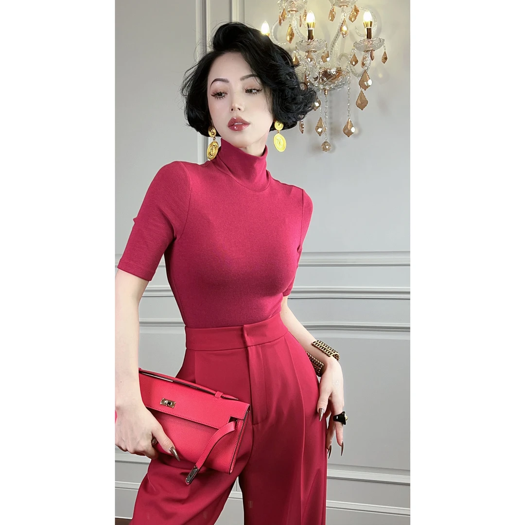 LYXJ【伊恩小姐】玫红色高弹打底衫简约大气百搭温柔时尚