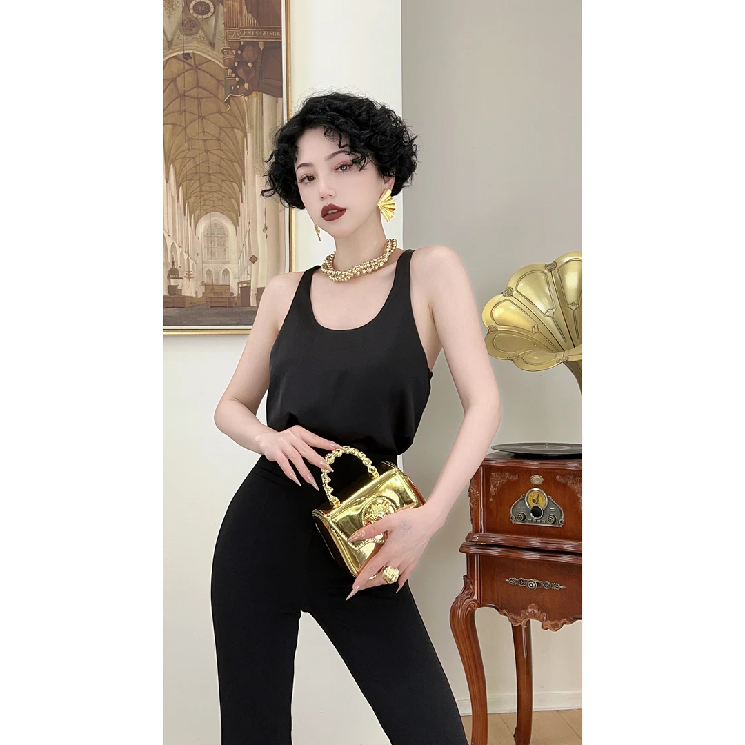 LYXJ【极简主义】光面简约黑色吊带上衣女法式无袖背心上衣10109