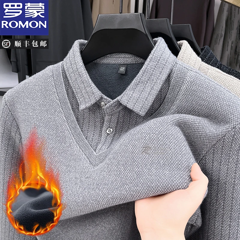 罗蒙假两件针织衫男士冬季加绒加厚衬衫领毛衣男休闲高端打底上衣