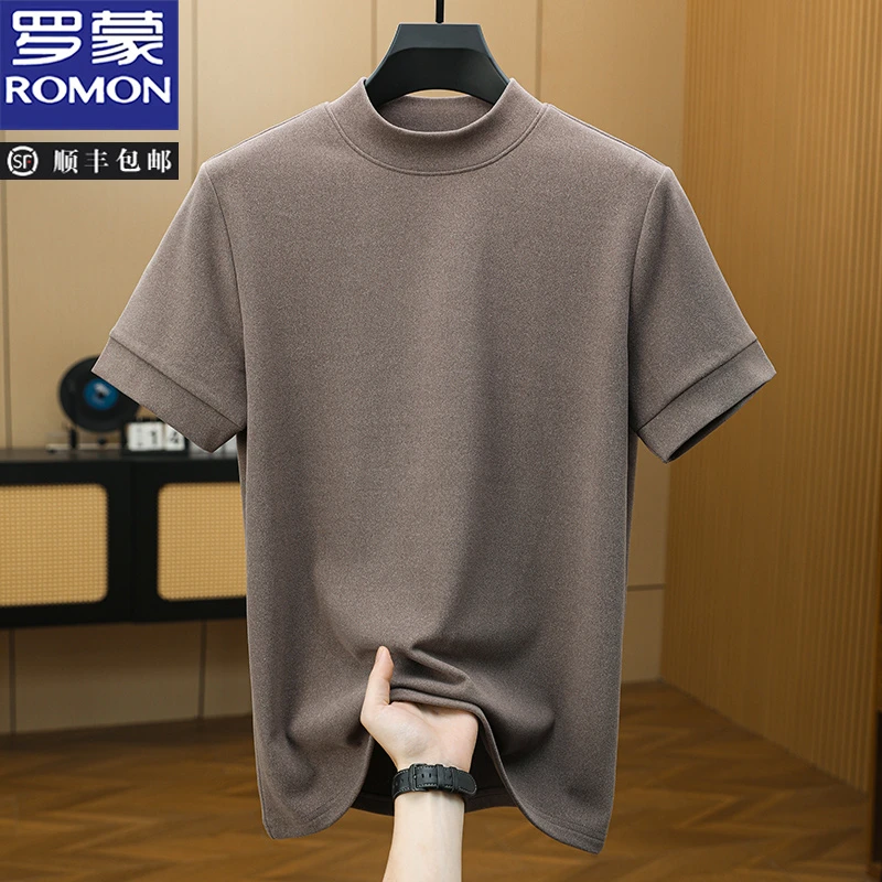 罗蒙四季半袖半高领男士T恤休闲百搭舒适打底衫潮流纯色保暖卫衣