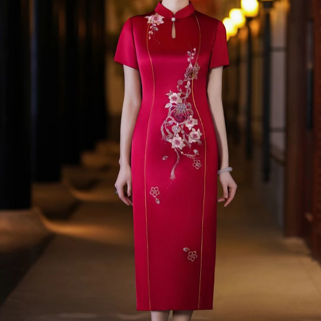 2023年新爆款喜婆婆旗袍礼服婚礼红色长款夏季大码气质走秀高贵
